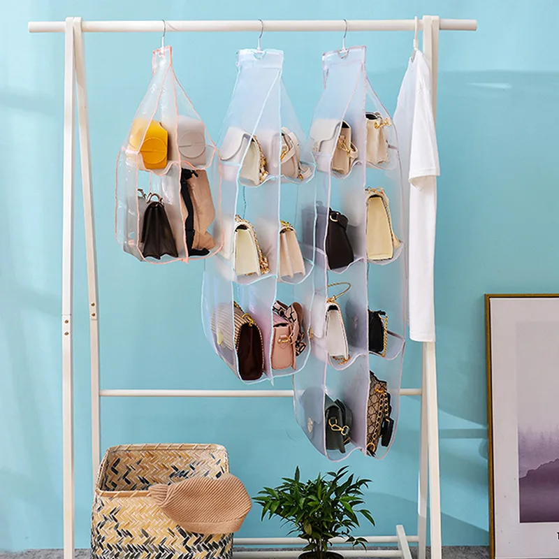 

6 Pocket Folding Handbag Purse Hanging Bag Wall-Mounted Transparent Clothes Shoe Hanging Bags Dormitory Sundry Organizer Pouch