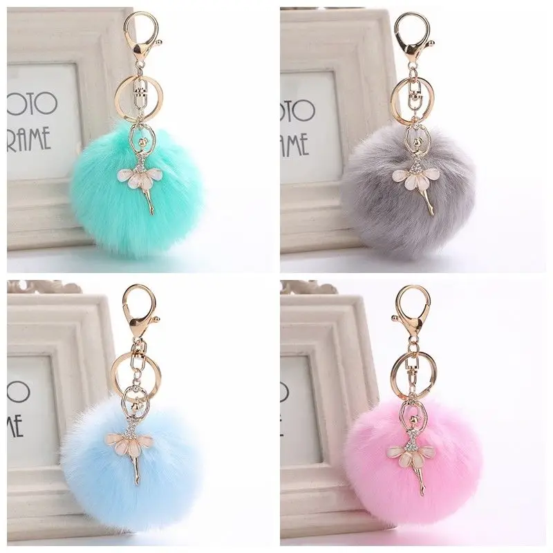 Gold Key Chain Pom Key Rings Fake Rabbit Fur Ball Pompom Angel Girl Fourrure Pompon Women Bag Charms Jewelry Gift