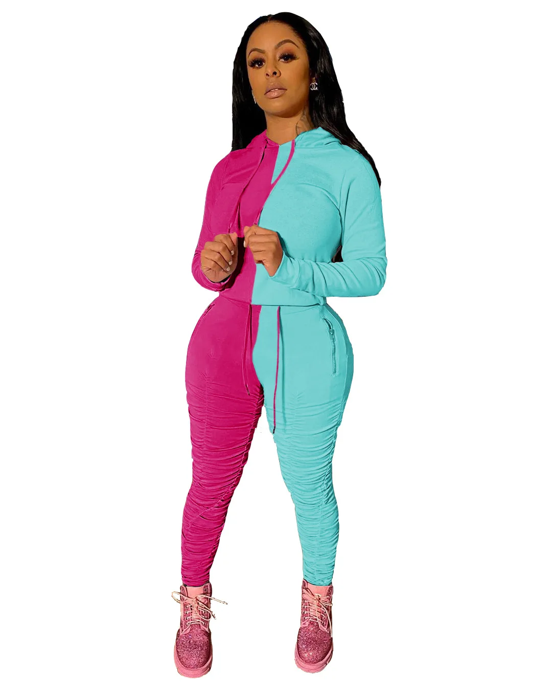 

Contrast Color Patchwork Loungewear Women Two Piece Sets Workout Clothes Long Sleeve Hoodies Sweatshirt Trousers Fall 2021