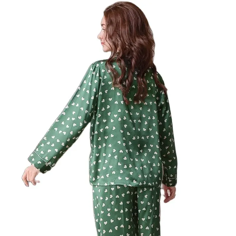 Genuine Silk Women's Pajamas Heart-shaped Printed Long-Sleeve Pyjama Long Pants Sets 100% Silkworm Silk Sleepwear Female T8134