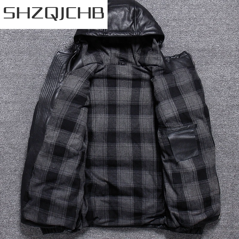 

JCHB 2021 Winter Cowhide White Duck Down Jacket Men High Quality Real Leather Thick Warm Hooded Down Coat Brand Business Casual