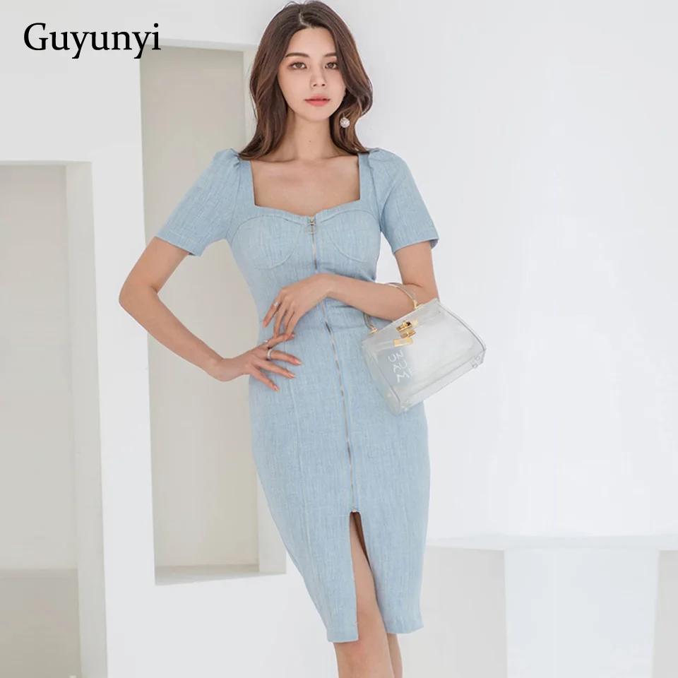 

Женское джинсовое платье с квадратным вырезом, облегающее элегантное платье с пышными рукавами и высокой талией для вечерние Са, лето 2022