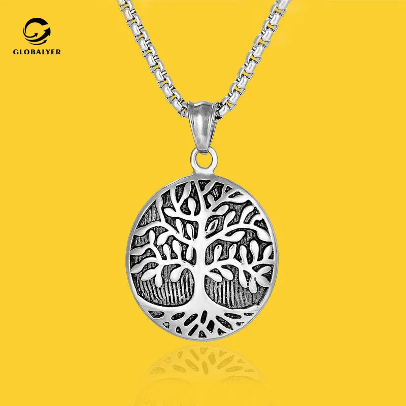 

Net explosion style European and American Domineering hip hop pendant Tree of life Couple titanium steel necklace 361