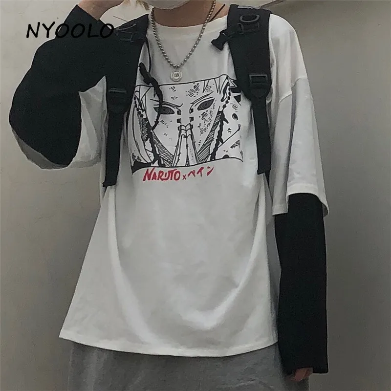 NYOOLO Harajuku Винтаж мультфильм Наруто печати поддельные 2 шт. Лоскутное Топ осень уличная одежда с длинным рукавом Футболка женская мужская одежда