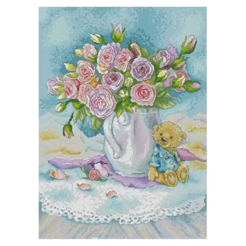 

Rose vase and bear doll counted 11CT 14CT 18CT 16CT DIY Cross Stitch Sets wholesale Cross-stitch Kits Embroidery Needlework