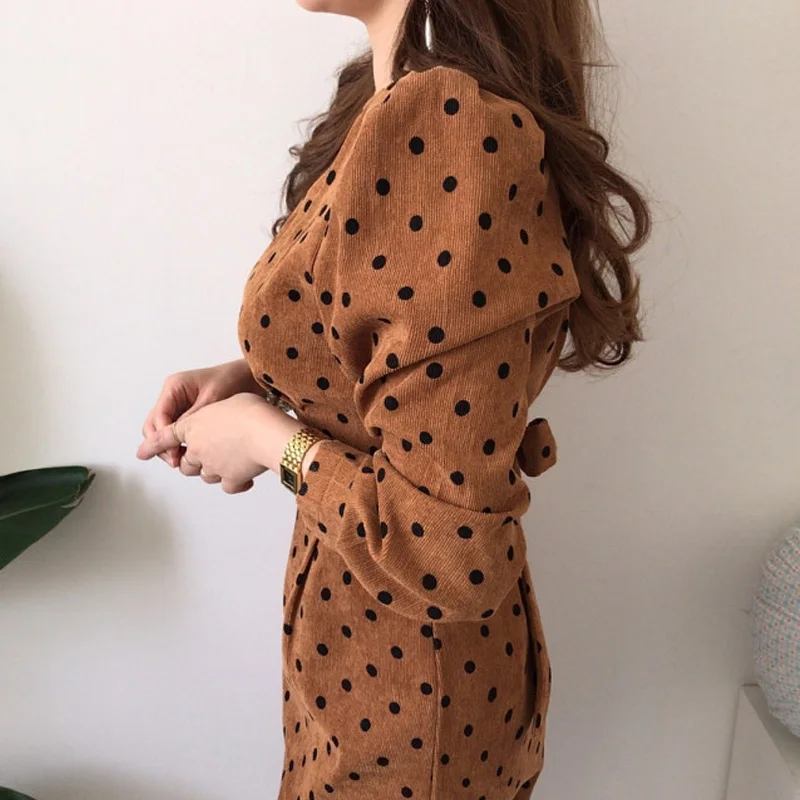 

Cotday N Neck Long Sleeve Print High Waist Prairie Chic 2020 New Dress Women Wave Point Spring Autumn Women Mid-Calf Dress
