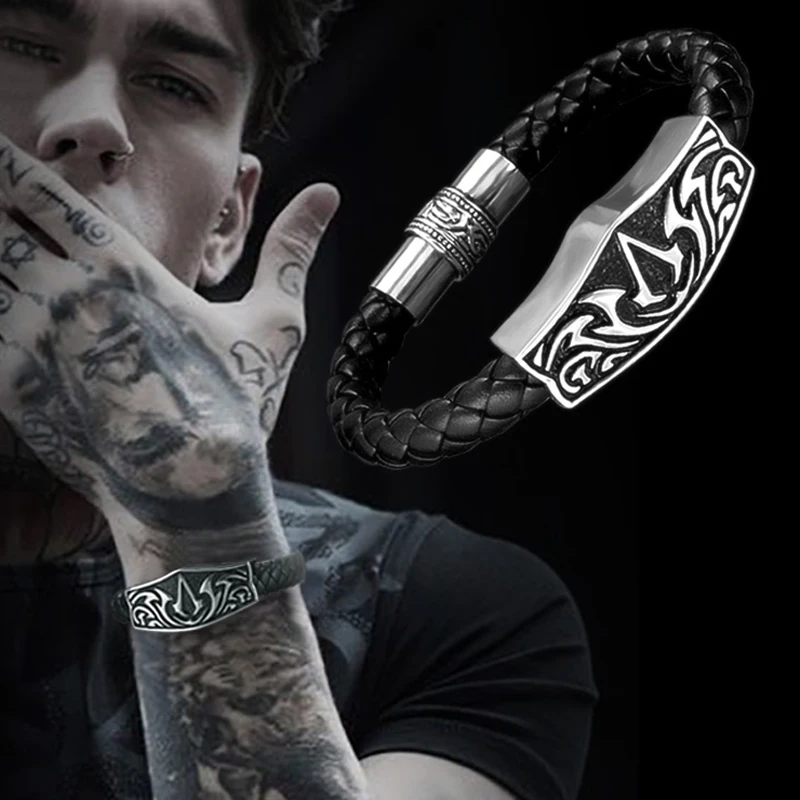 

AssassinsCreed Titanium Steel Bracelet Cosplay Props Men Bangle Punk Style Jewelry Leather Bracelet Gifts