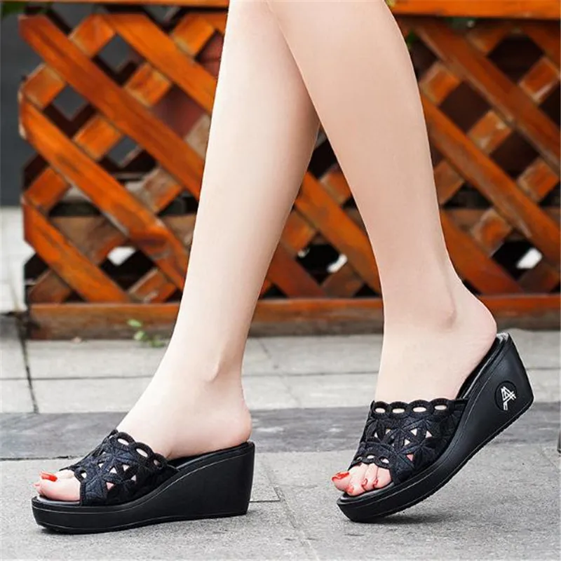 

size 34--40 Summer Slippers Female Fashion Wedges Slipper Sequins Mother Anti - slip Real Leather Womens Sandals