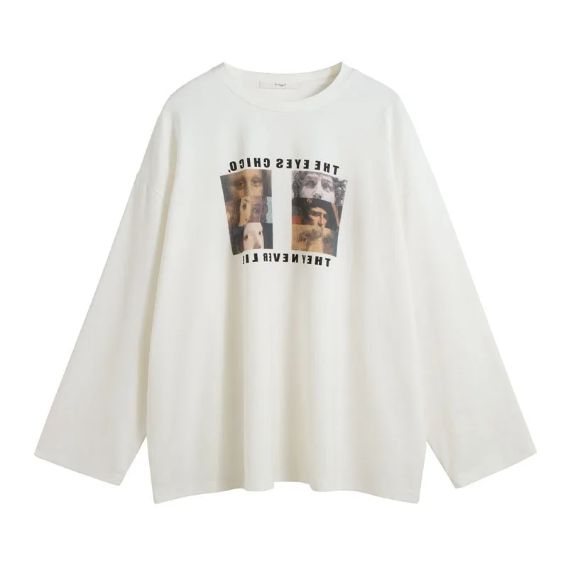 

21 spring and autumn new simple casual loose printed long sleeve T-shirt women's round neck slim top y2k aesthetic