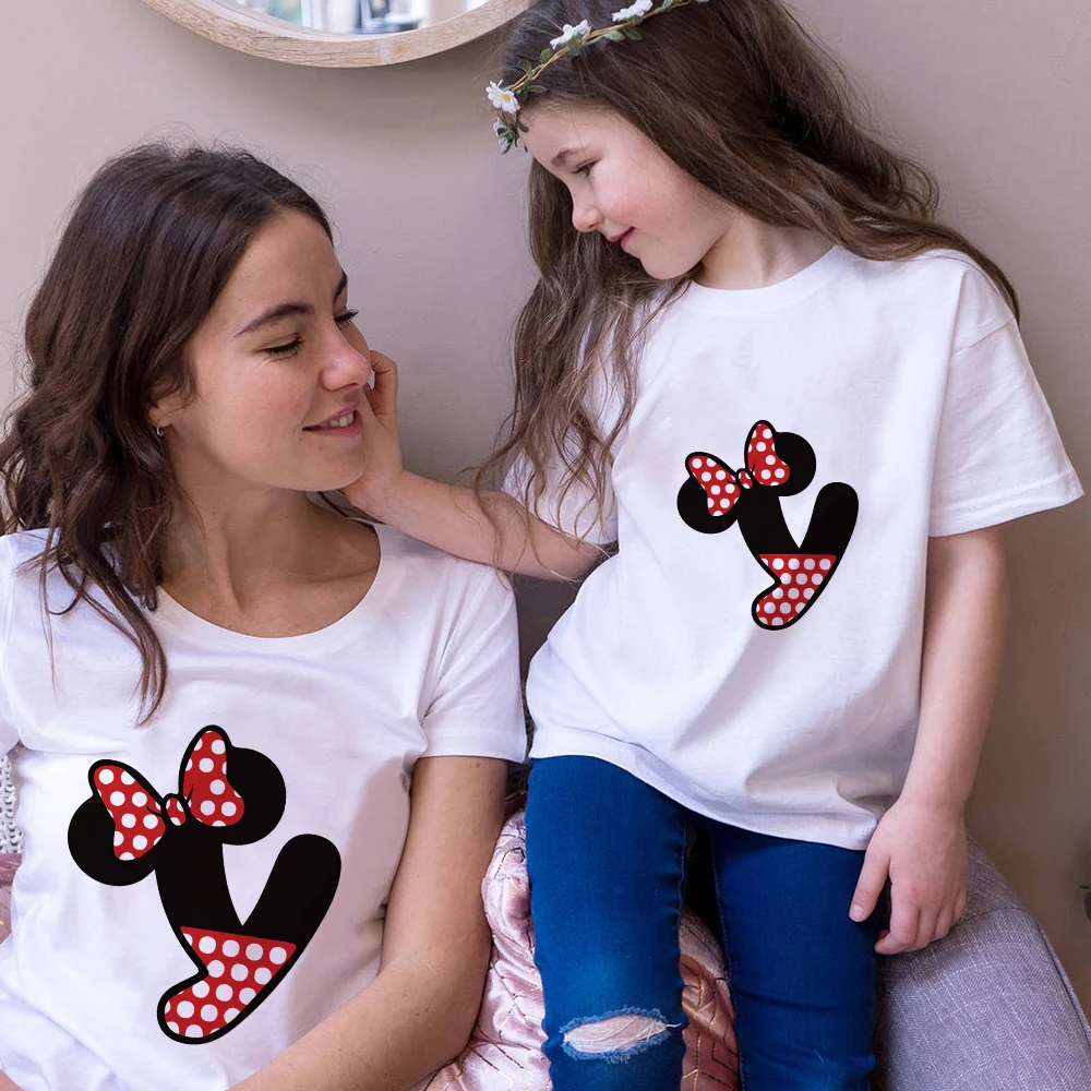Mickey Mouse Style Letters ABC Print Family Matching Clothes Outfits Mommy Daughter Summer Short Sleeve O-neck White Tee Shirts | Мать и