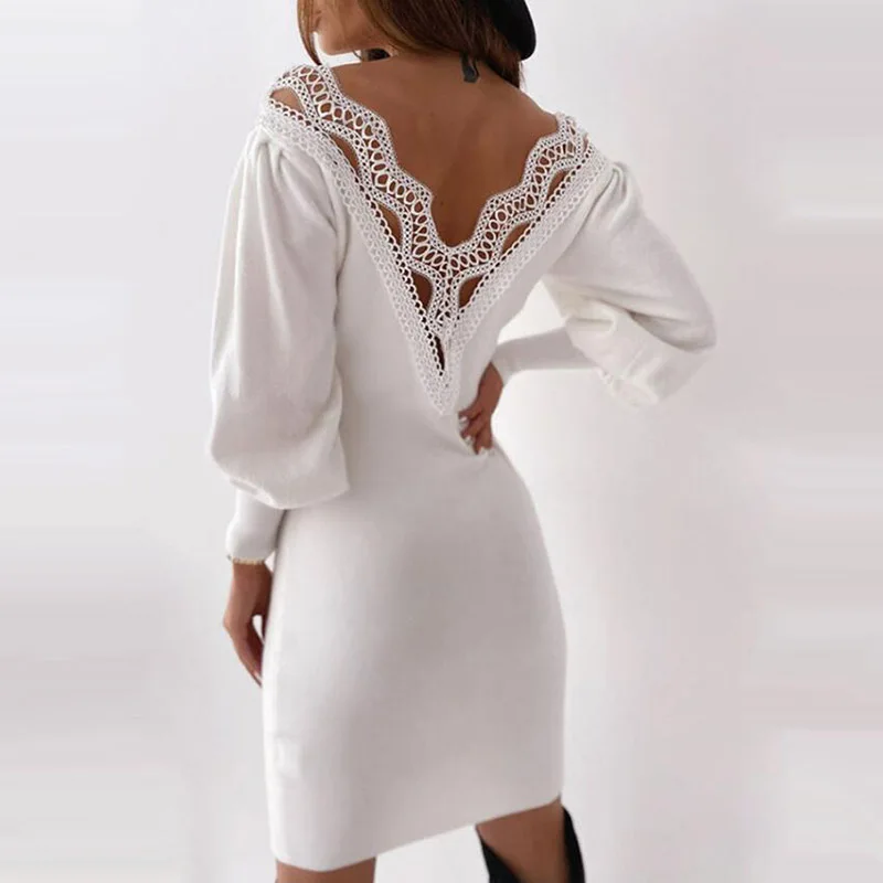 

Sexy V-Neck Long Sleeve White Mini Dress 2021 Autumn Women Elegant Lace Patchwork Backless Party Dresses Woman Black Tight Dress