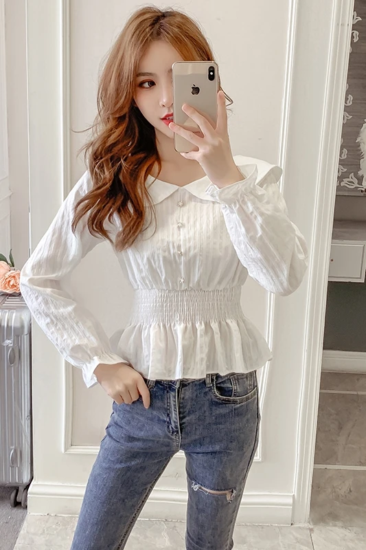 

COIGARSAM Full Sleeve blouse women New Spring Chiffon Peter pan Collar High Waist blusas womens tops and blouses White Blue 9539
