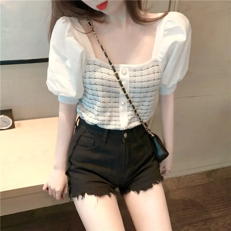 

2020 summer new style Hong Kong style short sleeve stitched bubble sleeve ice lady slim square collar Knitted Top