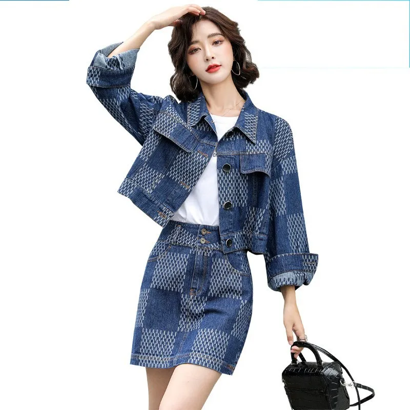 

Fashion Autumn Winter Womens Plaid Mini Skirt Suits Street Single-Breasted Lapels Jackets Female Casual Denim Two Piece Sets