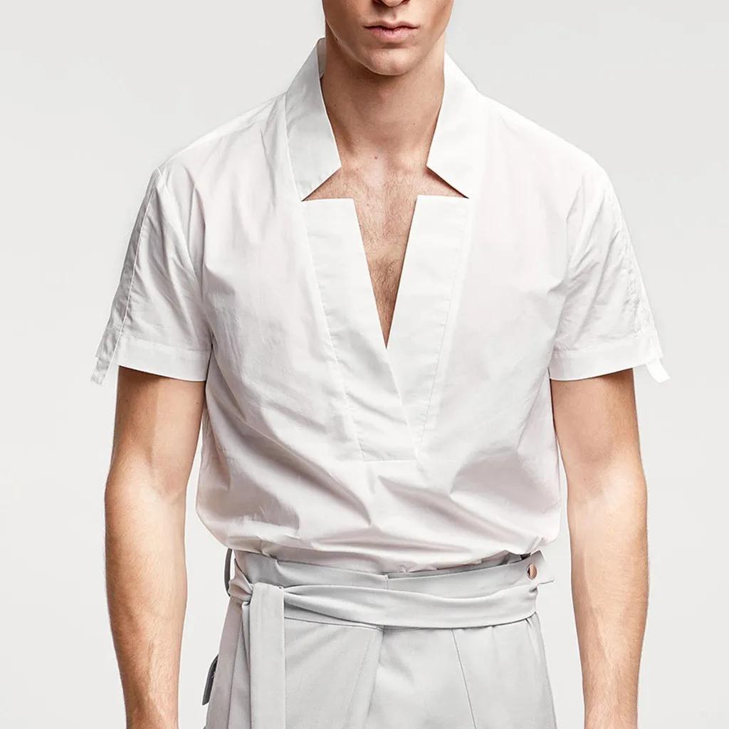 

Men V-neck Shirt Solid Color Short Sleeve Beach Shirts Harajuku Tops 2021 New Casual Handsome Streetwear Camisa Masculina#20