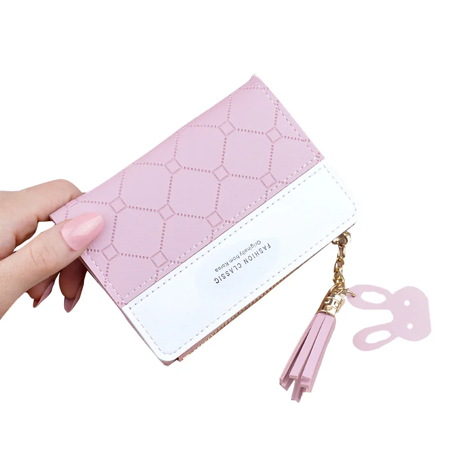 

Women Short Wallet Patchwork Small Zipper Purse Checked Embossed Tassel Wallets Cute Simple Card Holder Pink Mini Money Bag