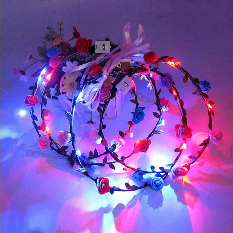 

2022 Colorful LED Flashing Flower Headband Women Girls Lighted Hairband Garland Wreath Glow Party Supplies