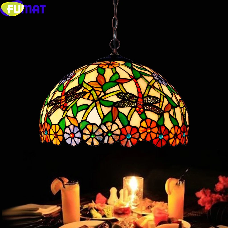 

FUMAT Tiffany Style Pendant Lamp Anti Chandeliers Dragonfly Flower Bouquet Stained Glass Luxurious Decor Hanging Lights Fixture