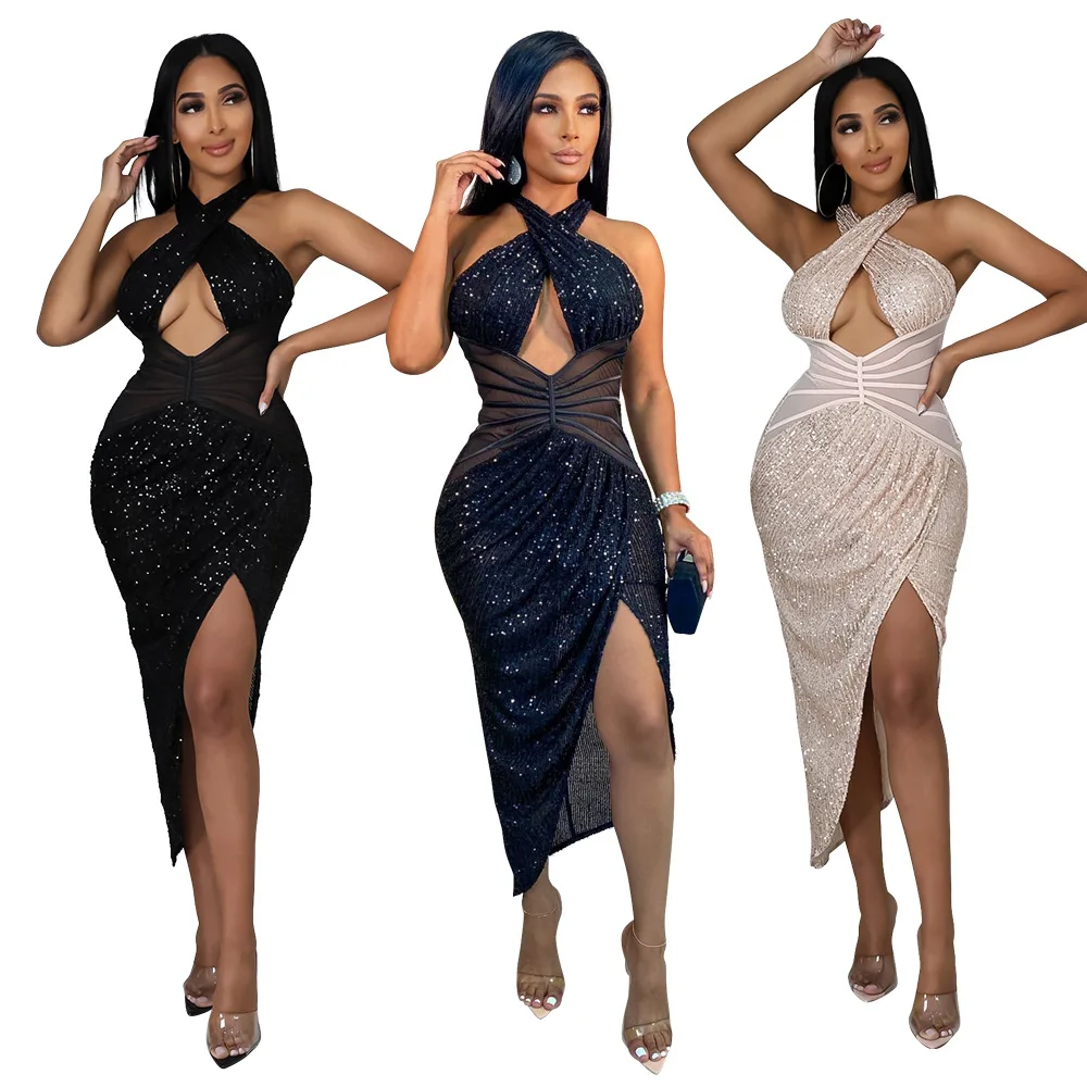 

Sexy Sequins Mesh Asymmetrical Evening Party Dress Women Sequined Hollow Out Cross Halter Backless High Split Banquet Uniforms