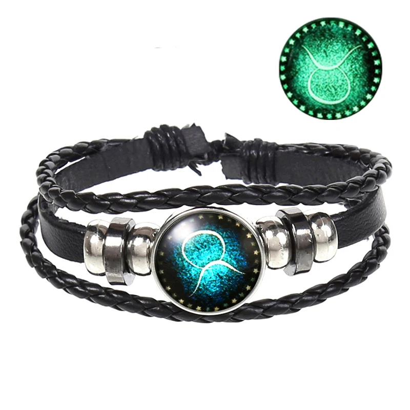 12 Созвездие светящийся знак зодиака черный плетеный кожаный браслет Рак Leo Virgo