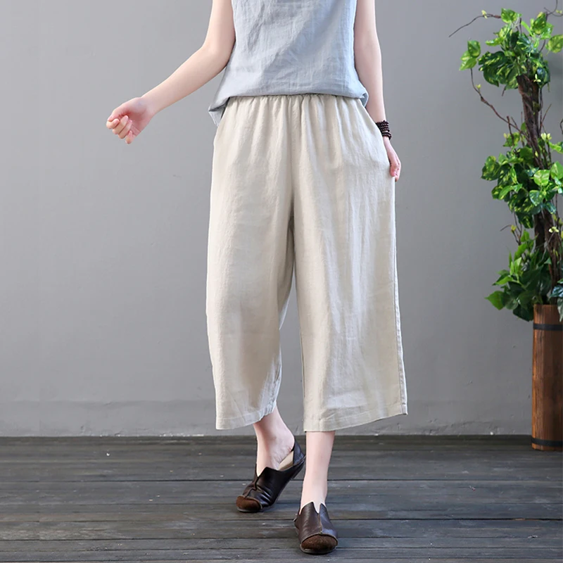 

Women's Cotton and Linen Wide-Leg Pants Summer 2020 New Artistic Retro Loose Large Size All-Matching Casual Pants Cropped Linen