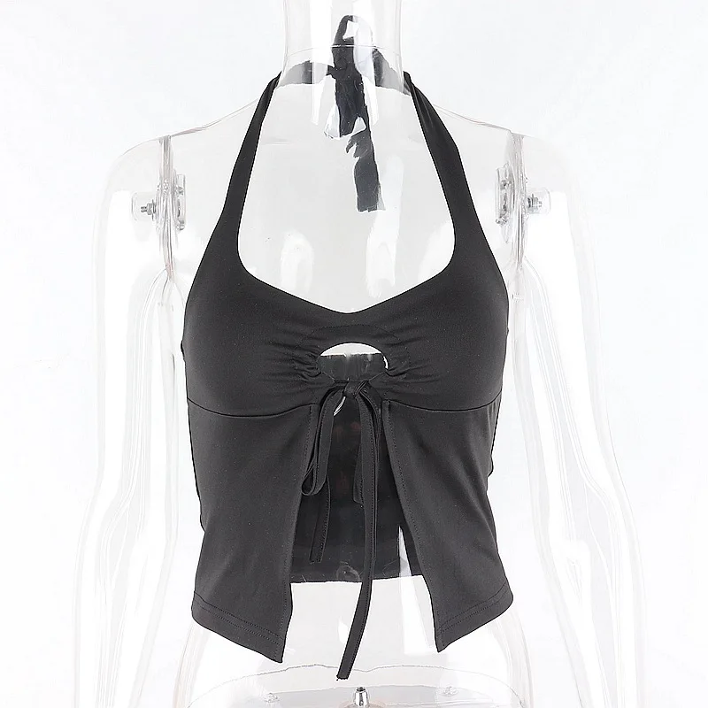 

Halter Sexy Backless Tie Front Tops for Women Sleeveless 2021 Summer Black Crop Tops Club Party Fashion Outfist