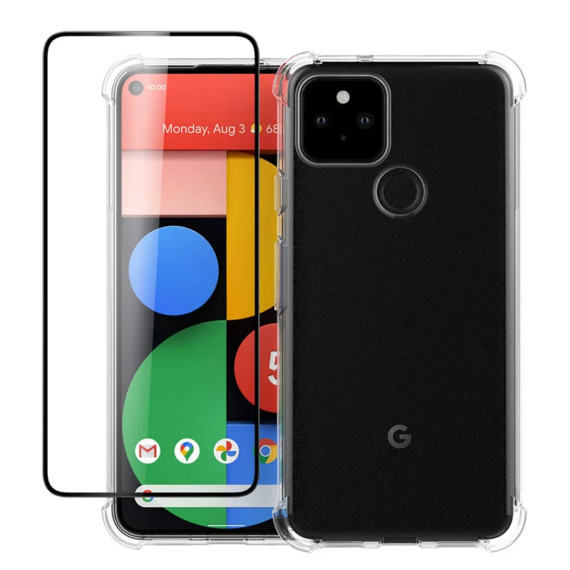 

Ultra Thin Clear Silicone Phone Case For Google Pixel 5 Soft TPU Transparent Back Cover with Tempered Glass Screen Protector