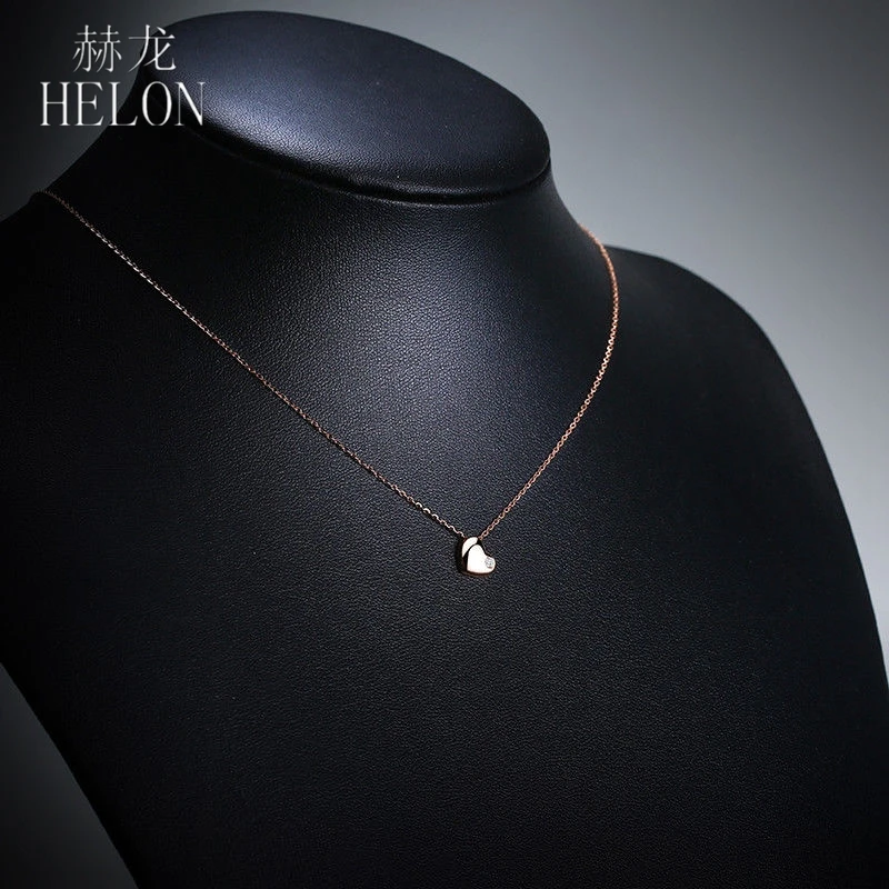 

HELON Solid 18K Rose Gold AU585 Love Heart Round Natural Diamonds Pendant Necklace Exquisite Women Wedding Jewelry Chain Pendant