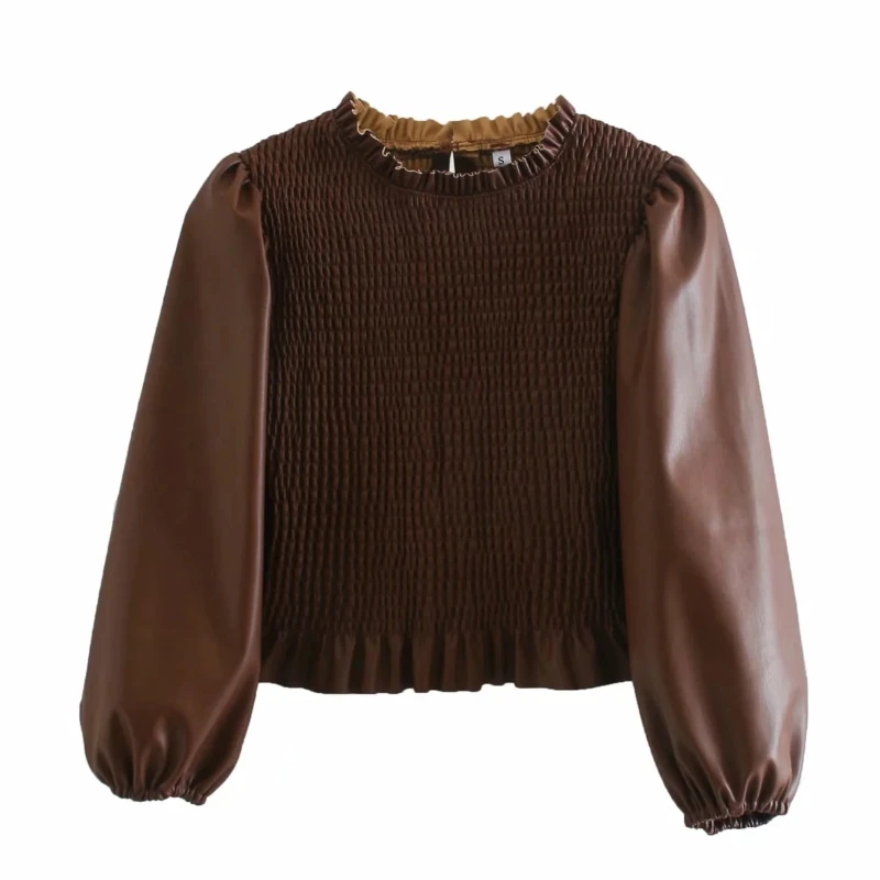 

2021 New Fashion Solid Women PU Leather Short Shirt Women's Autumn and Winter Long-sleeved Shirt Casual Ladies Loose Top Blusas