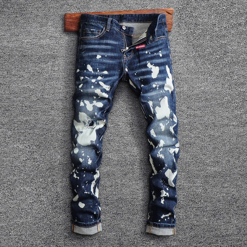 Streetwear Fashion Men Jeans Retro Blue Elastic Slim Fit Ripped Jeans Men Brand Designer Hip Hop Splashed Denim Punk Pants