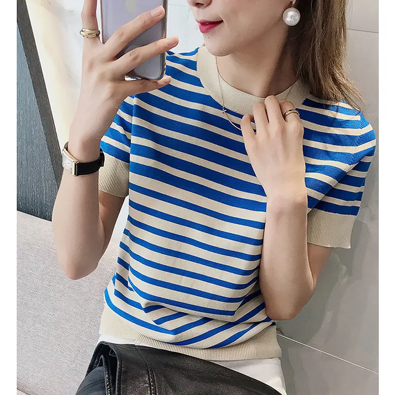 Ice Silk T-shirt Women 's Top Gradient Blue Striped Stitching Short-Sleeved Sweater Tide 2021 Spring and Summer New Simple Style