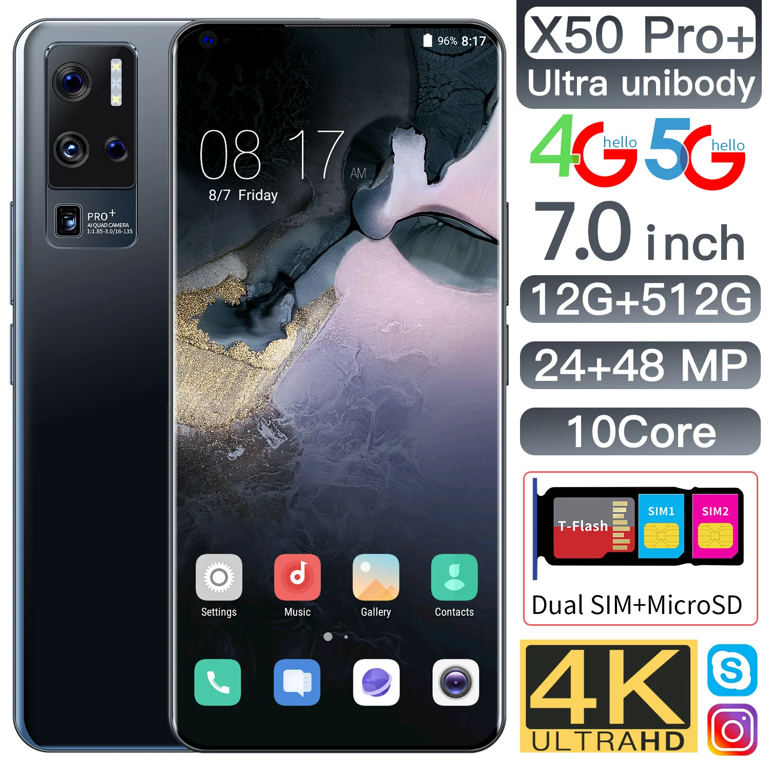 

New X50 Pro Global Version Smartphone Android 10 7 Inch Snapdragon 888 5500mAh 12GB 512GB 24MP 48MP Face ID 10 Core Mobile Phone