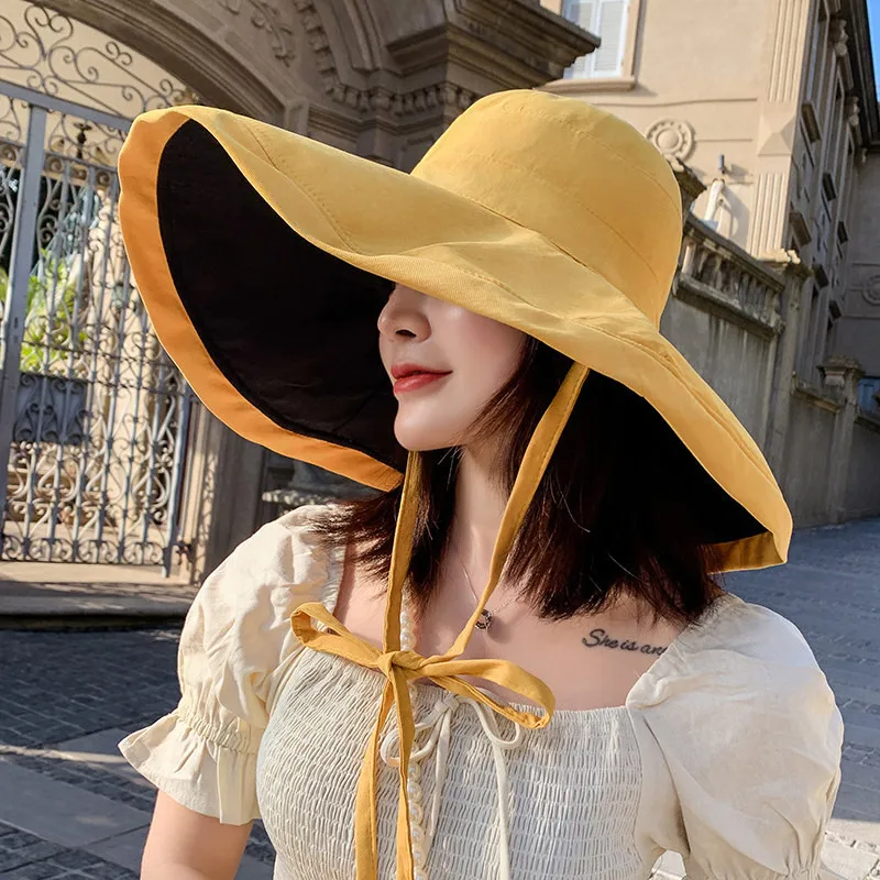 

2021 Fisherman Hat Summer Anti-UV Large Wide Brim Beach Sun Hats Korean Fashion Outdoor Double-Sided Foldable Panama Bucket Cap