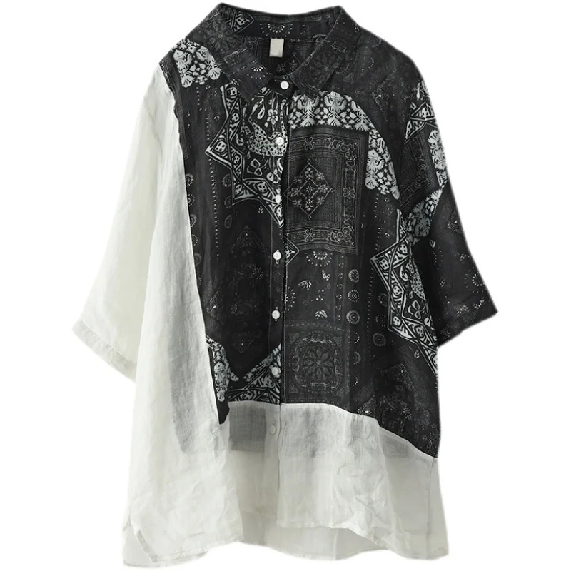 

Summer Linen Print Contrast Shirts Women's Loose Retro Vintage Cardigan Blouses Tops Women 2020 Soft Hotsale Summer Clothes