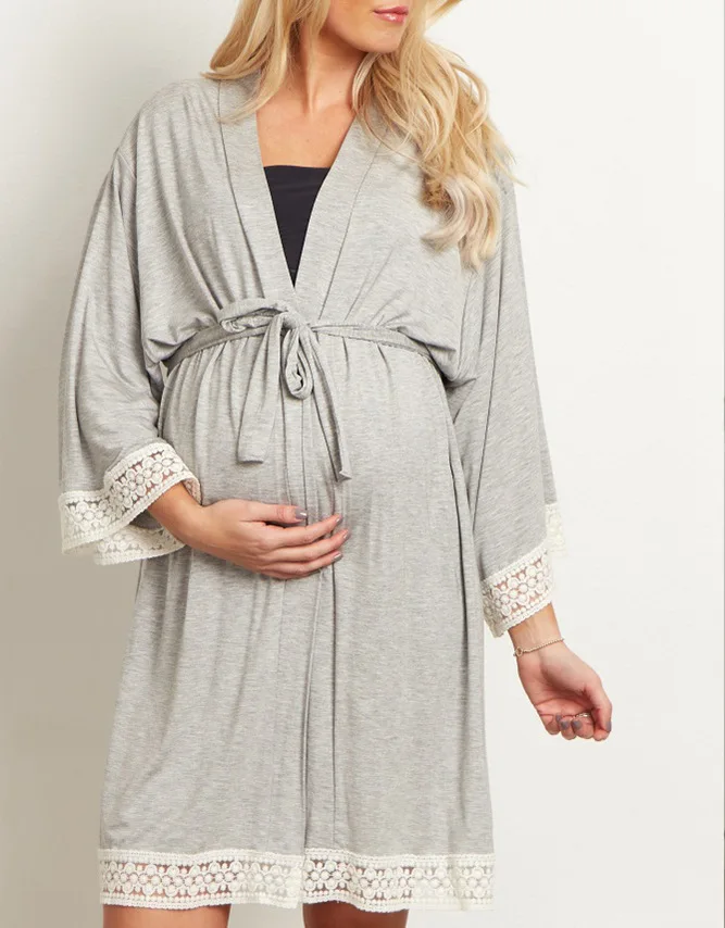 Best selling solid color maternity dress lace stitching seven-point sleeves with cardigan breastfeeding robes pajama | Мать и ребенок
