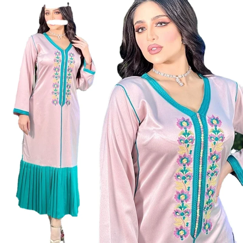 

Elegant Ethnic Floral Embroidery Maxi Dress for Women Ribbon V Neck Long Sleeve Arabic Moroccan Muslim Evening Clothes