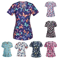 2021 summer new workwear top for women ladies plus size hot sale cartoon printed short sleeve sexy v neck nurse uniform blouse