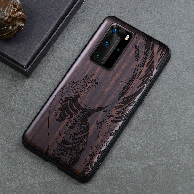 Черный Деревянный чехол для Huawei P40 Pro противоударный из натурального дерева