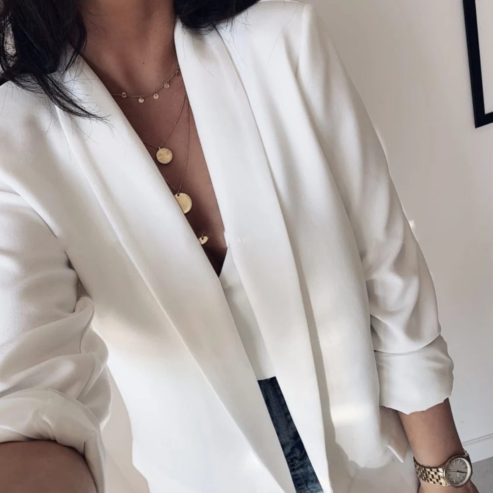 Женский офисный пиджак однотонный блейзер с длинным рукавом и лацканами
