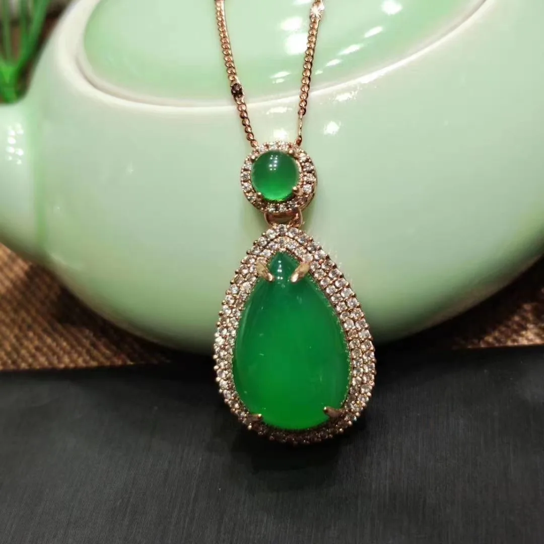 Оптовая продажа ожерелье из серебра 925 пробы с зеленым халцедоном и подвеской в