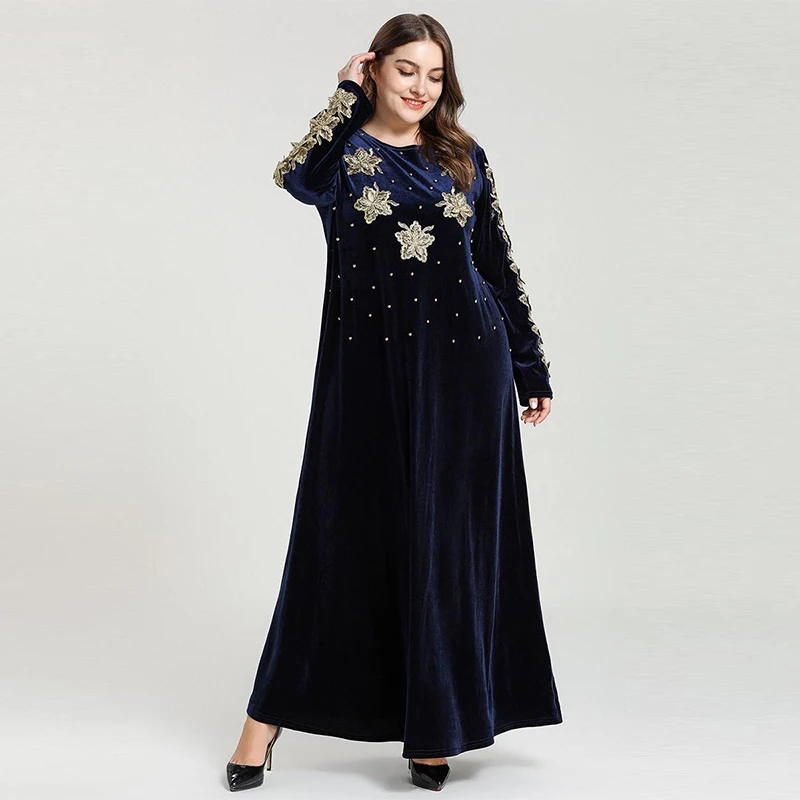 New Muslim Fashion Large Size Women's Middle East Arabic Embroidered Beaded Gold Velvet Dress Islamic Turkey Dubai Elegant Style |