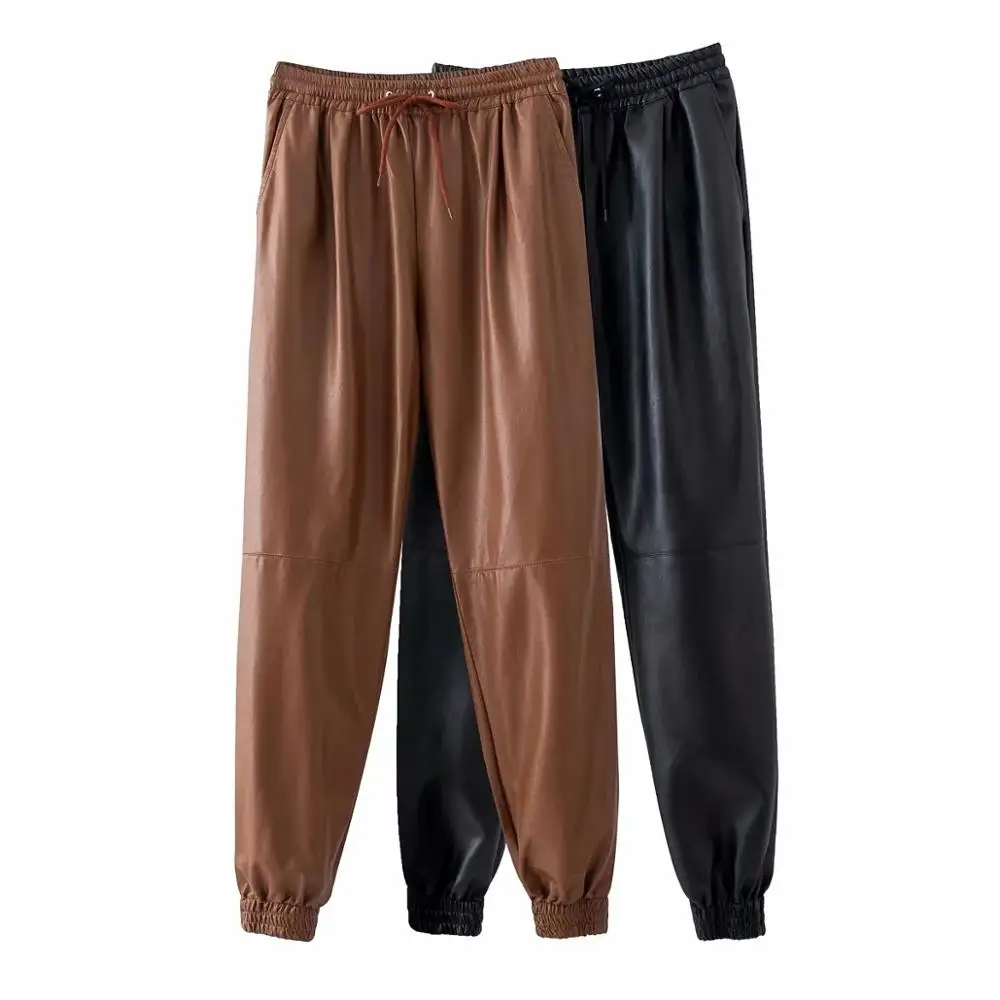 Женские брюки с высокой талией из искусственной кожи элегантные свободные