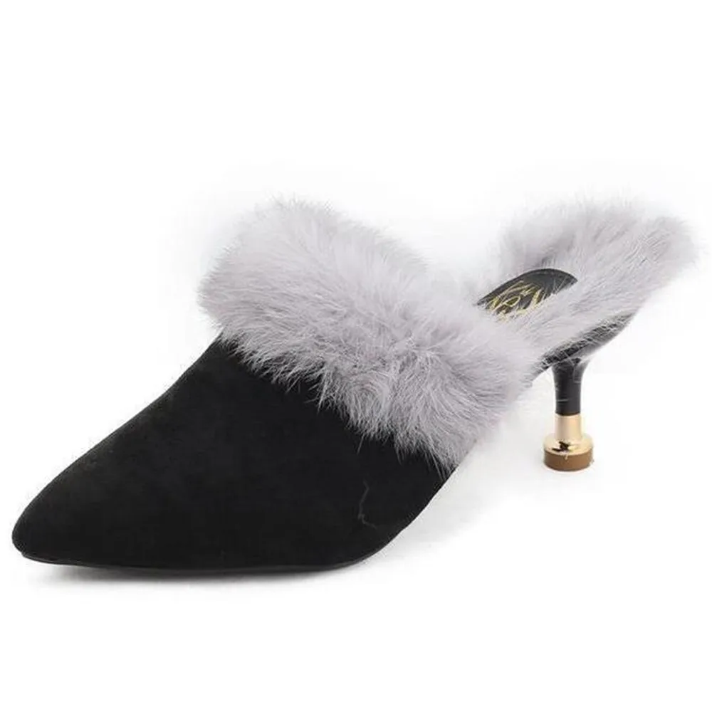 Autumn New Sexy Mules Women's Half Slippers Korean Fashion High Heel Shoes Wearing Hairy Pointed Baotou Furry Plush Slippers
