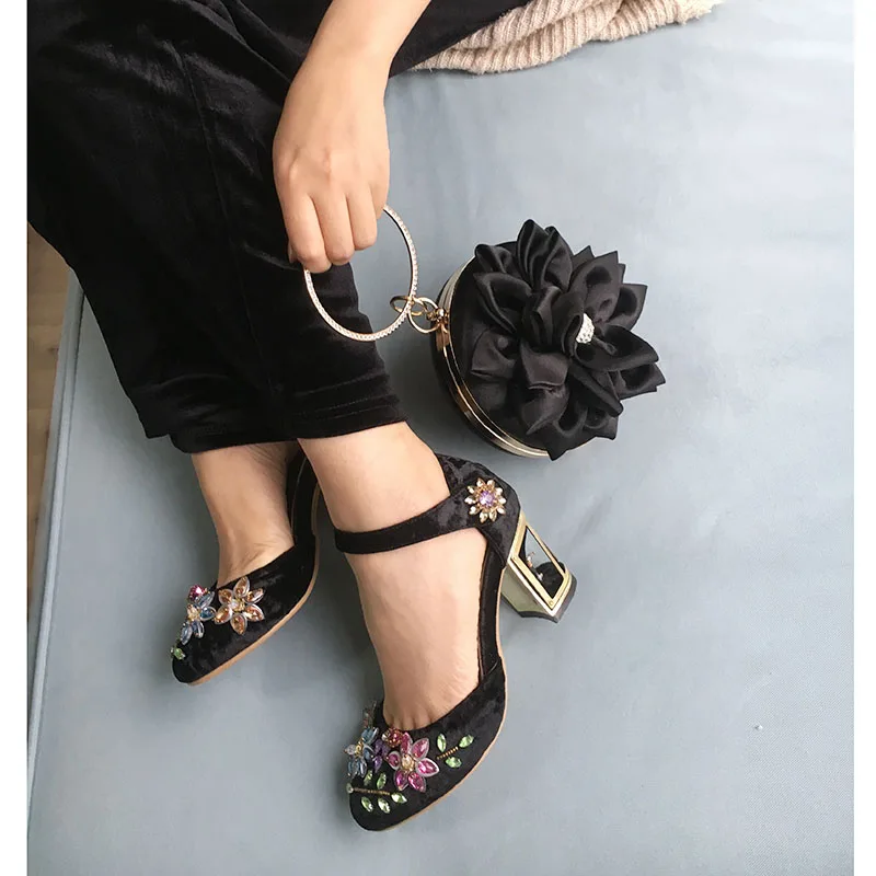 Phoentin черные Кристальные туфли подходящая сумка Стразы итальянская женская обувь