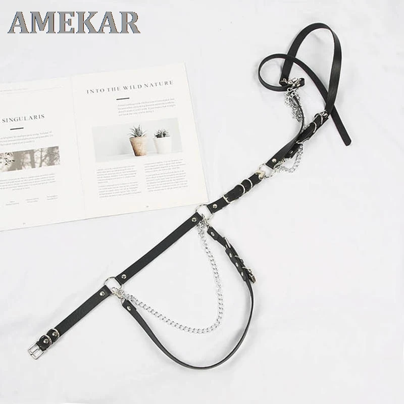 

Punk gothic Leather Women Belts with chain Harajuku Harness Leg Belt Body Waist Strap Jk Dress Jeans Slim Bondage Cool Waistband