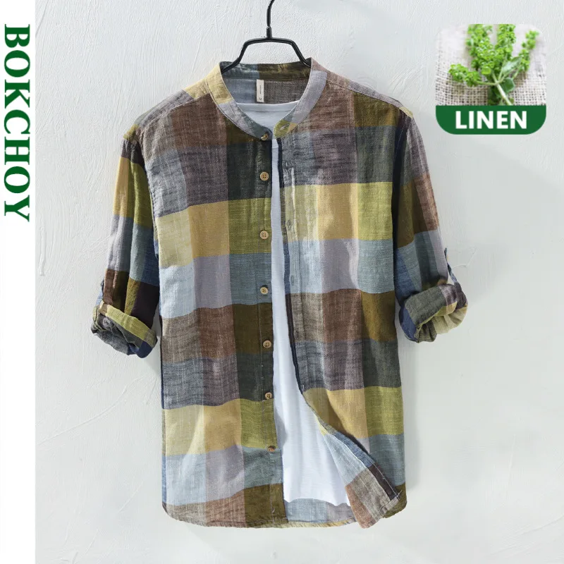 

2020 new linen shirt stand collar casual shirt men's color-matching plaid long-sleeved shirt thin section plaid