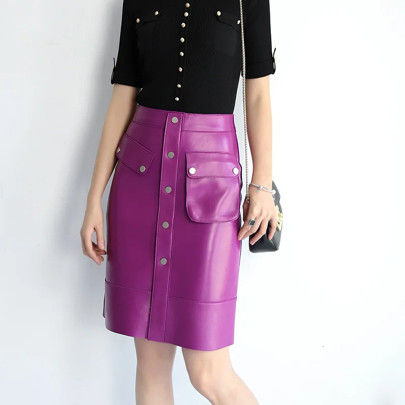 

Spring Autumn Womens Real Genuine Leather Skirt Pencil Skirt Office Ladies Midi Knee Length Skirt Female High Waist Faldas Mujer