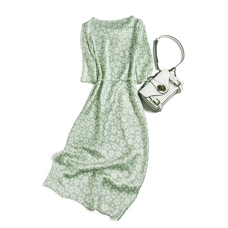 

Birdsky, 1pc mulberry silk Women office lady dress, corrugate collar ripple neck half sleeve, flowers print, S-48