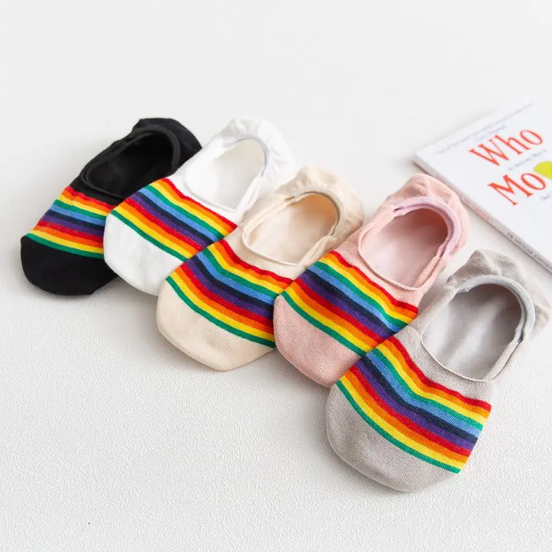 5pairs/Lot Rainbow Striped Invisible Socks Women's Fashion Casual Cotton Breathable comfortable Fashion Harajuku Funny Sox Happy