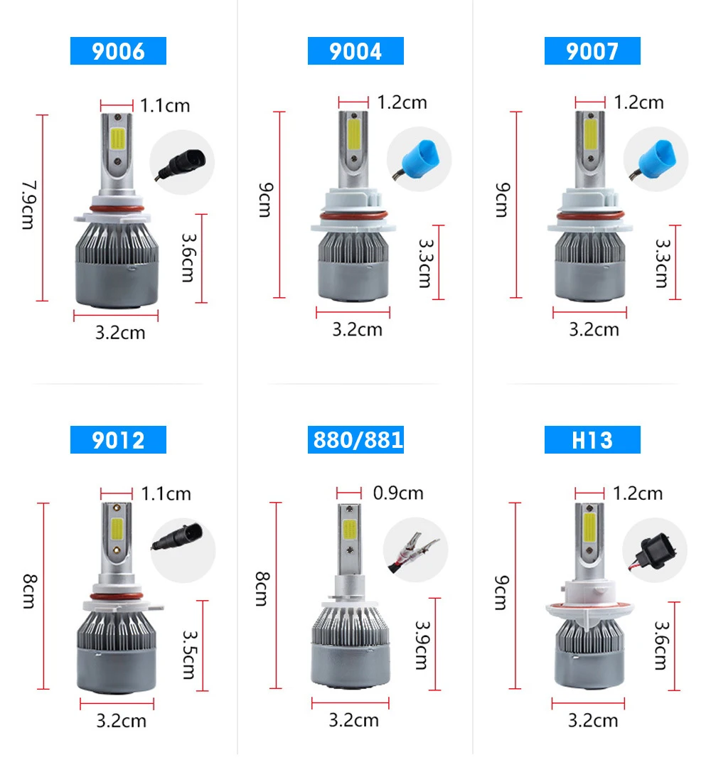 

C6 H1 H3 Car Led Headlight Bulbs H7 LED Car Lights H4 880 H11 HB3 9005 HB4 9006 H13 6000K 72W 12V 7600LM Auto Headlamps